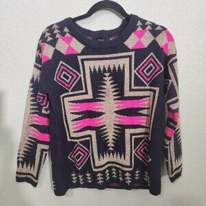 Forever 21 Sweater Womens Geometric Aztec Print Navy Pink Beige S/M Cottagecore